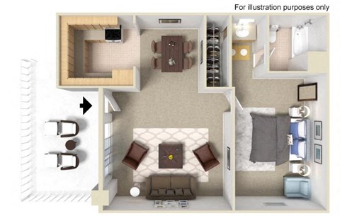 Floor plan for 1 bed, 1 bath, 636 sqft
